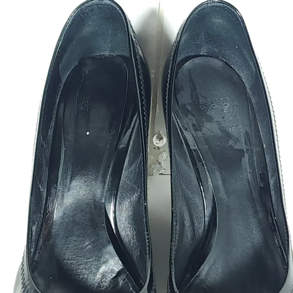 Tory Burch Women’s Caroline US 7? Black Patent Leather Stacked Wedge Pumps Shoes